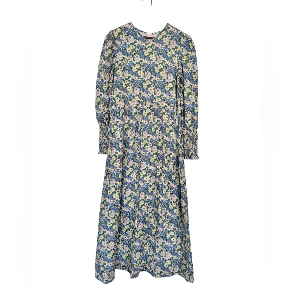Udel NY Floral Prairie Maxi Dress Long Puff Sleeve Blu and Yellow Size XS